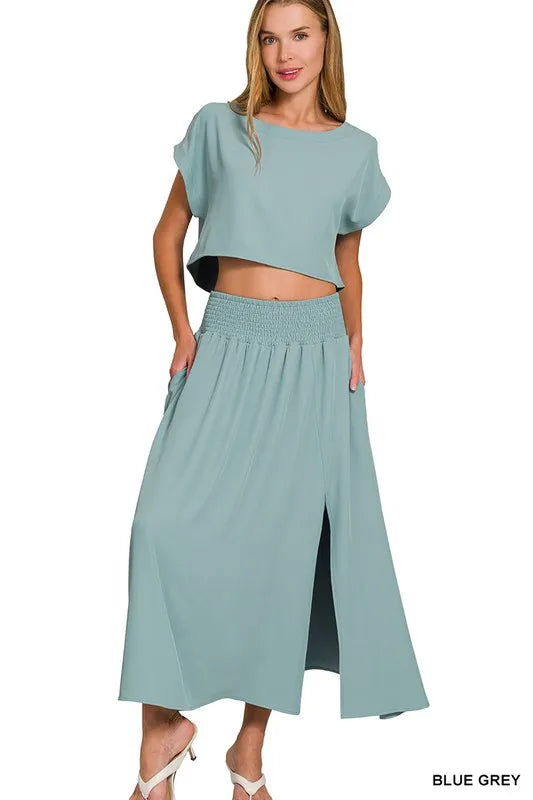Zenana Heavy Woven Span Crop Tee & Skirt Set - LoveNest Treasures