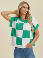Double Take Full Size Checkered Round Neck Short Sleeve Sweater - LoveNest Treasures
