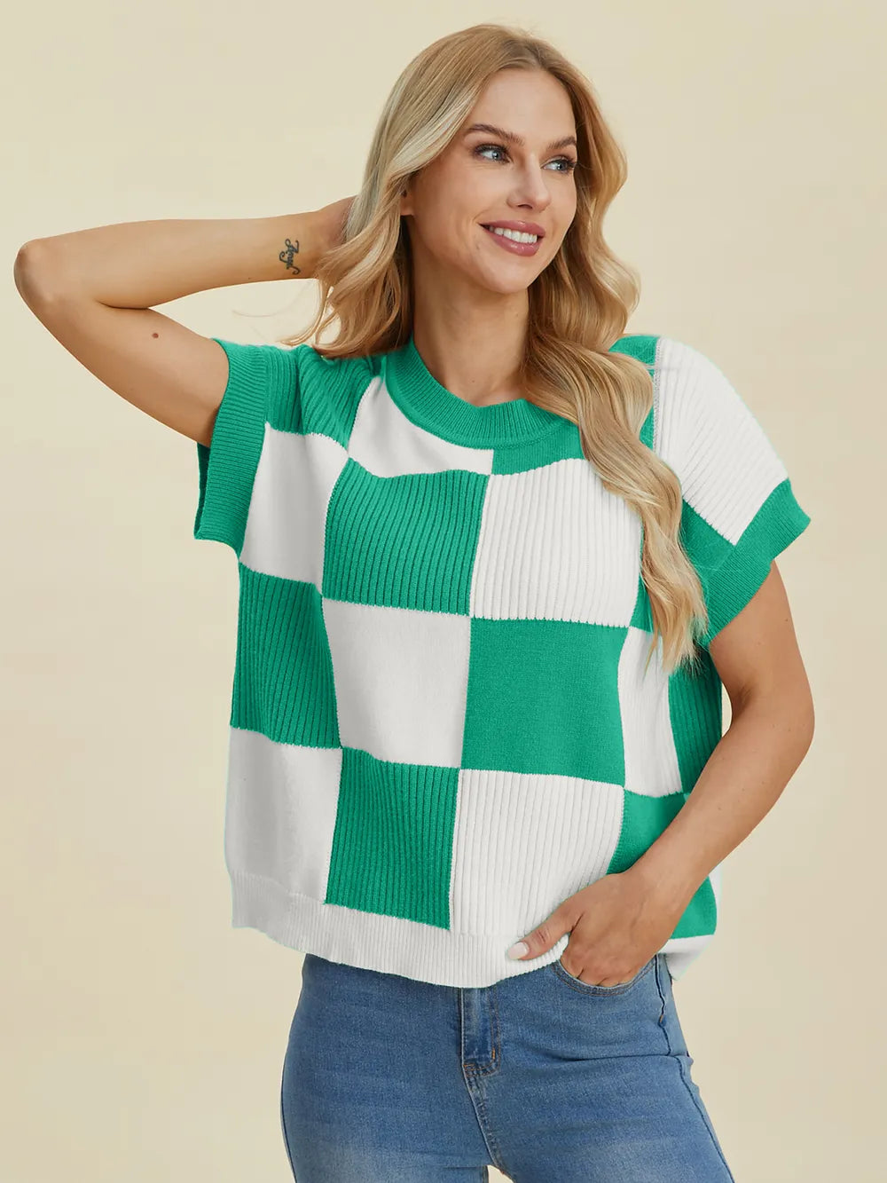 Double Take Full Size Checkered Round Neck Short Sleeve Sweater - LoveNest Treasures