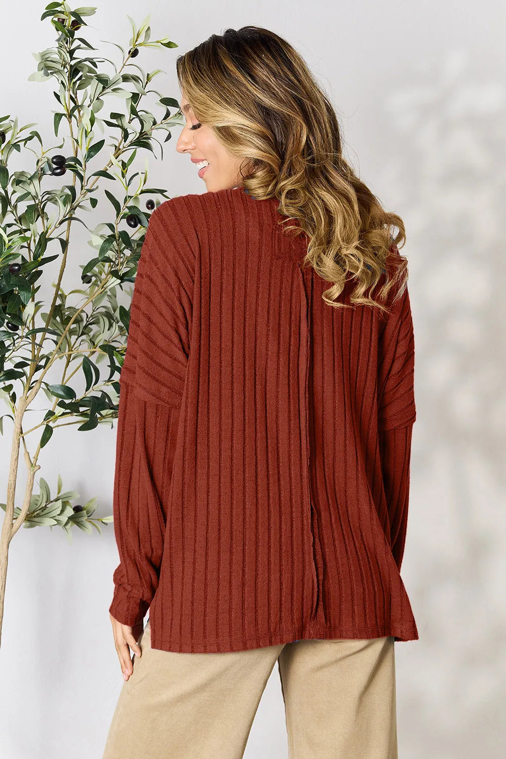 Basic Bae Full Size Ribbed Round Neck Slit Knit Top - LoveNest Treasures