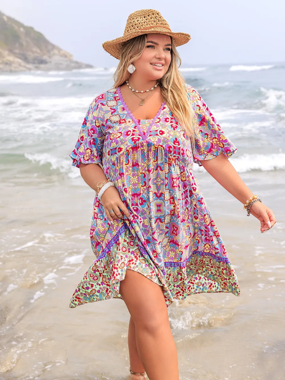 Plus Size Lace Detail Printed Half Sleeve Dress - LoveNest Treasures