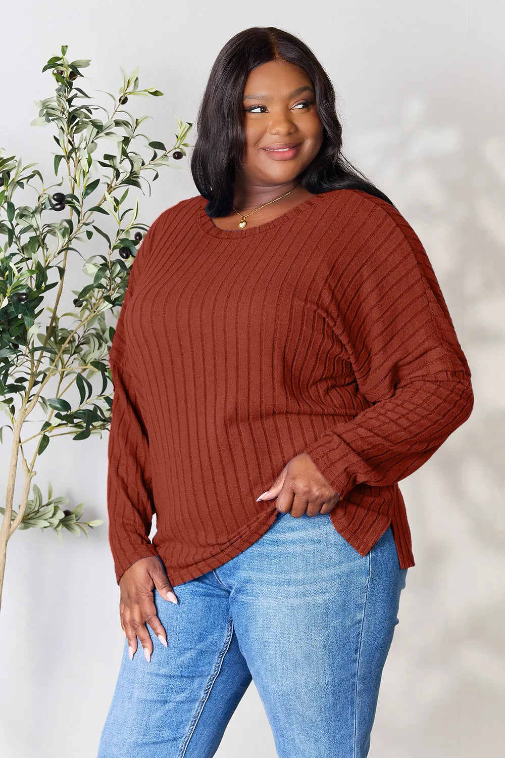 Basic Bae Full Size Ribbed Round Neck Slit Knit Top - LoveNest Treasures