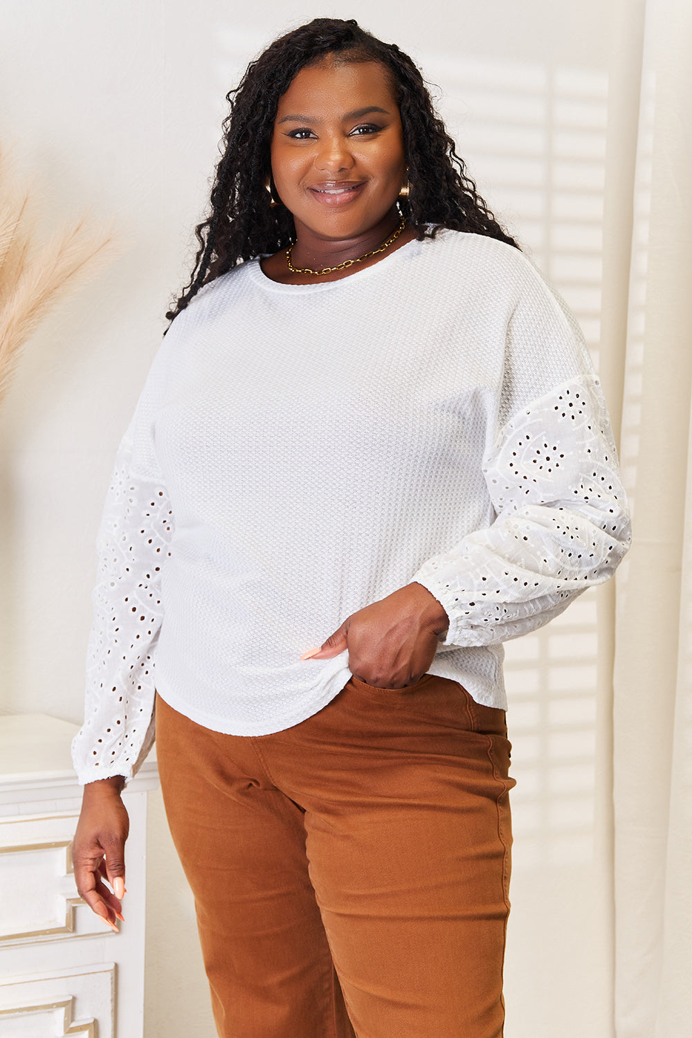 Shiny Eyelet Dropped Shoulder Round Neck Blouse - LoveNest Treasures