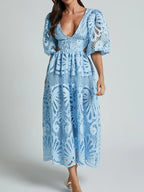 Cutout Back Lace Crochet V-Neck Dress - LoveNest Treasures
