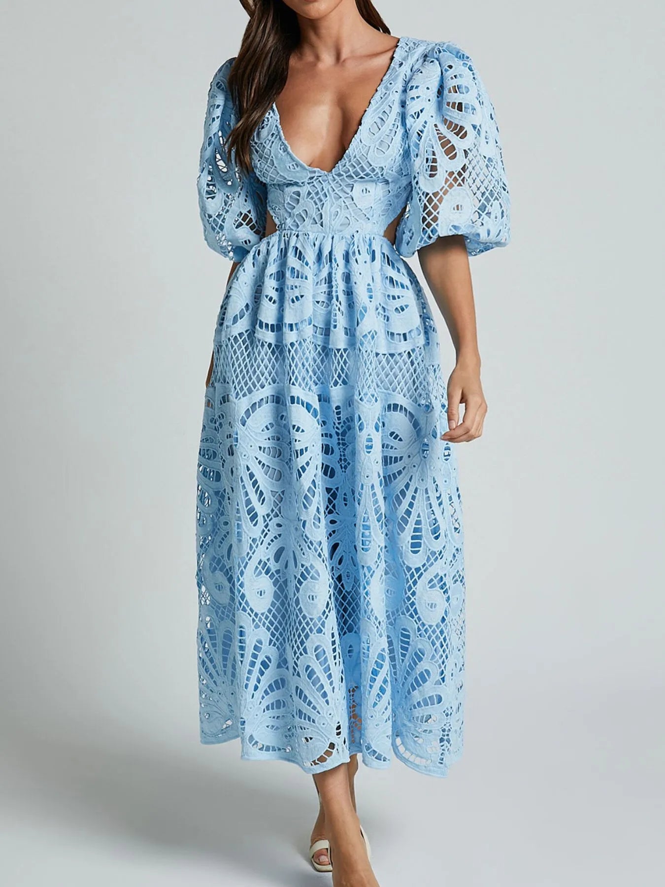 Cutout Back Lace Crochet V-Neck Dress - LoveNest Treasures