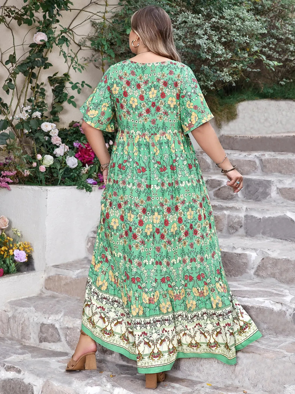 Plus Size Floral Tie Neck Flutter Sleeve Maxi Dress - LoveNest Treasures