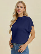 Double Take Full Size Mock Neck Short Sleeve Sweater - LoveNest Treasures