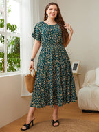 Honey Plus Size Floral Round Neck Short Sleeve Midi Dress - LoveNest Treasures
