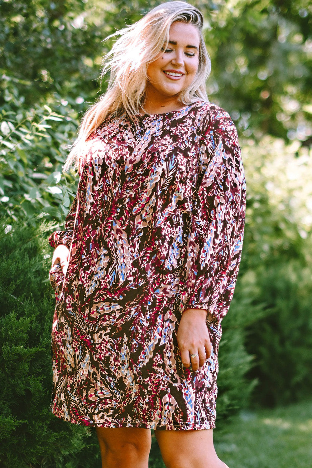 Plus Size Printed Round Neck Long Sleeve Mini Dress - LoveNest Treasures