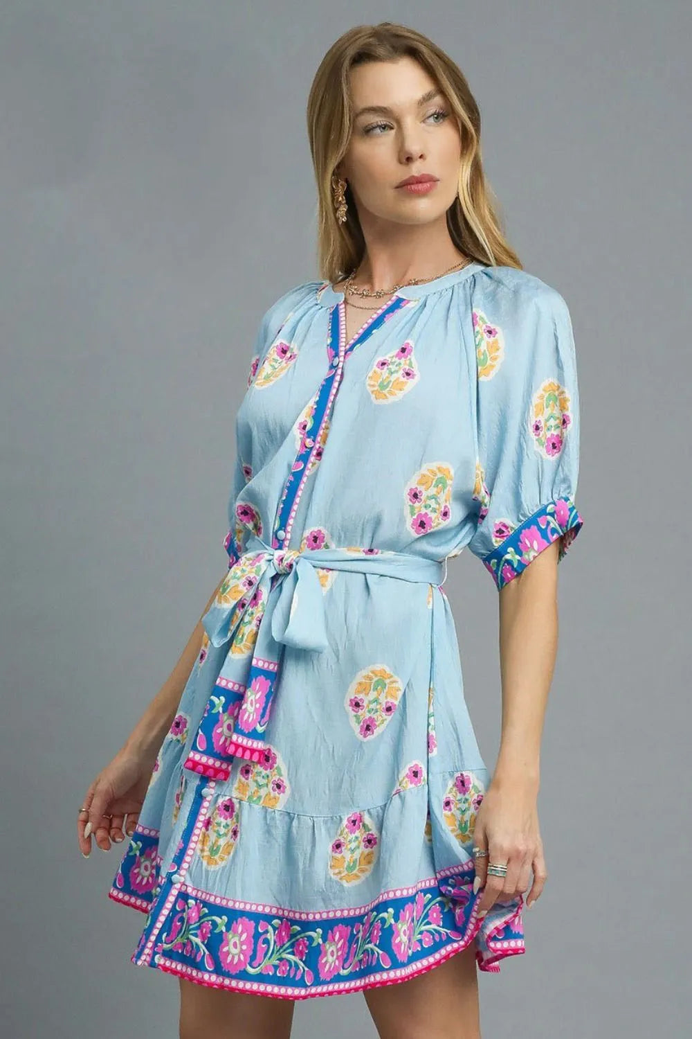 Umgee Floral Print Tie Waist Short Sleeve Dress - LoveNest Treasures