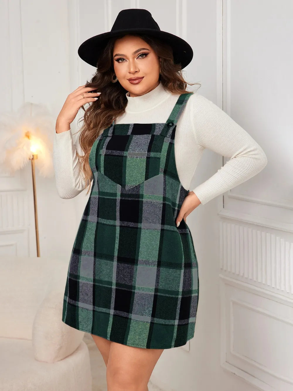 Honey Plus Size Plaid Wide Strap Overall Dress - LoveNest Treasures
