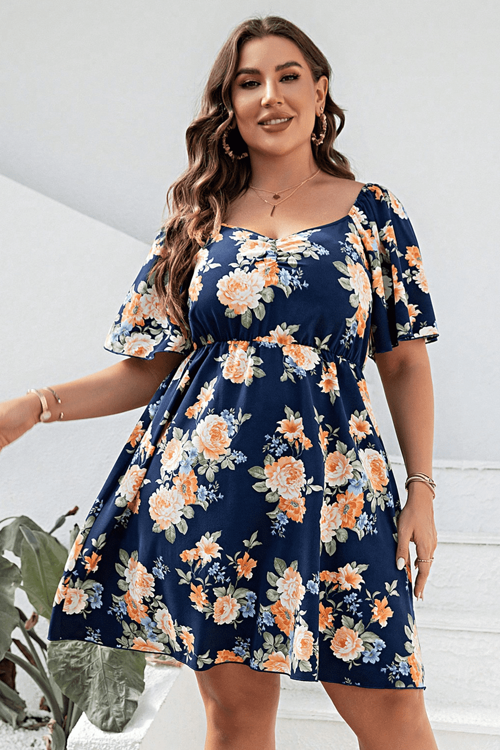 Plus Size Floral Print V-Neck Flutter Sleeve Mini Dress - LoveNest Treasures
