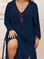 Plus Size Tie Neck Long Sleeve Slit Dress - LoveNest Treasures