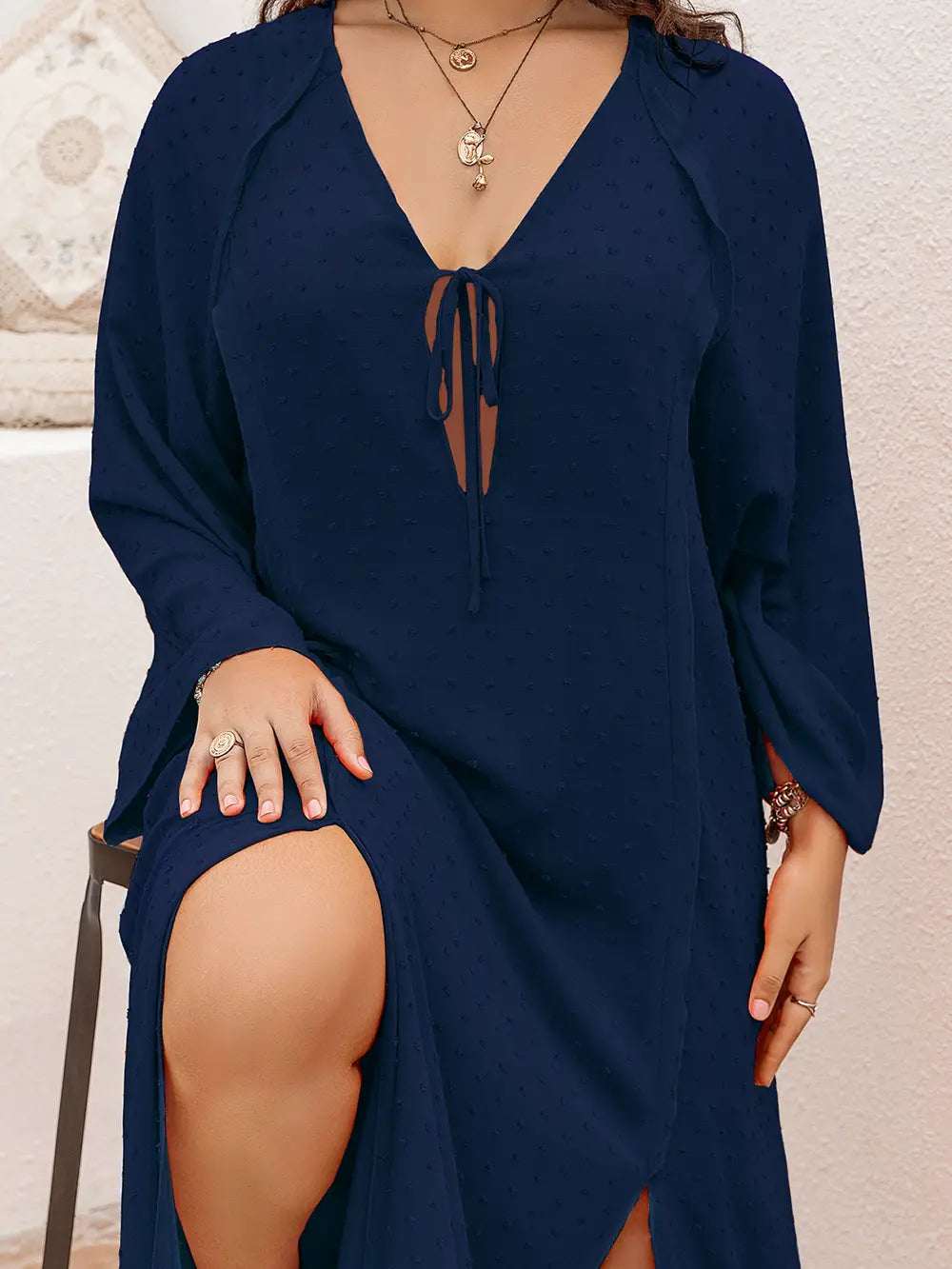 Plus Size Tie Neck Long Sleeve Slit Dress - LoveNest Treasures