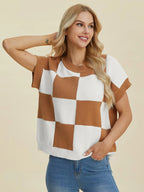 Double Take Full Size Checkered Round Neck Short Sleeve Sweater - LoveNest Treasures