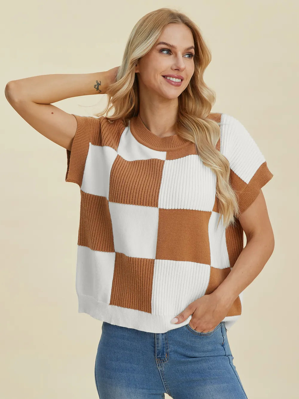 Double Take Full Size Checkered Round Neck Short Sleeve Sweater - LoveNest Treasures