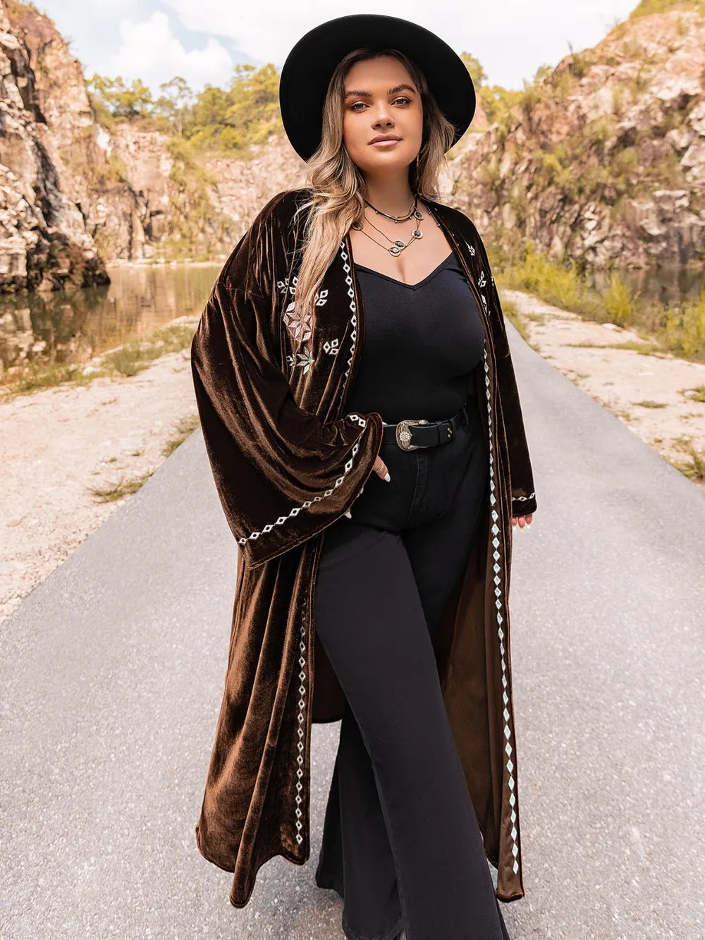 Plus Size Embroidery Open Front Long Sleeve Cardigan - LoveNest Treasures