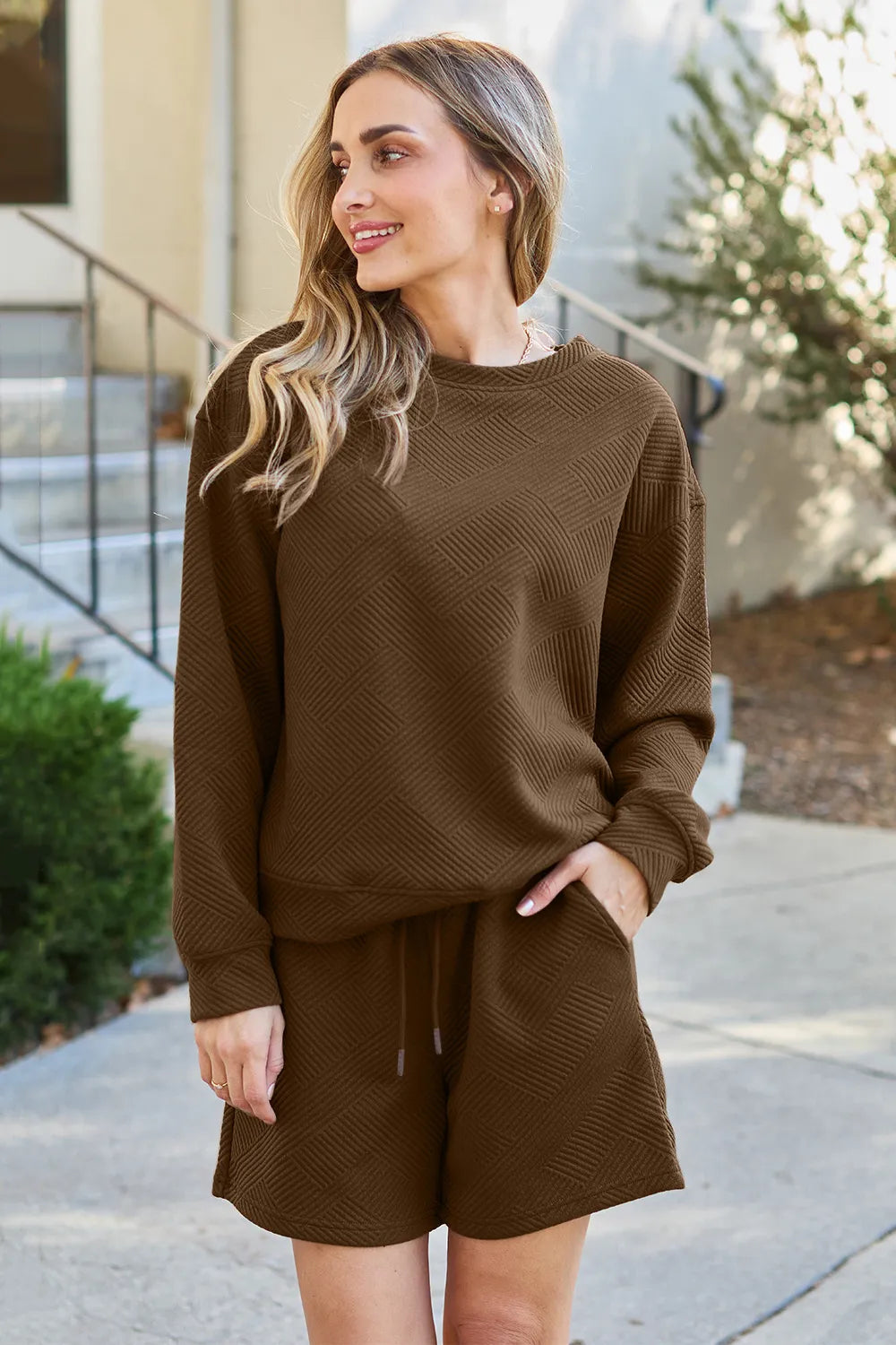 Double Take Full Size Texture Long Sleeve Top and Drawstring Shorts Set - LoveNest Treasures