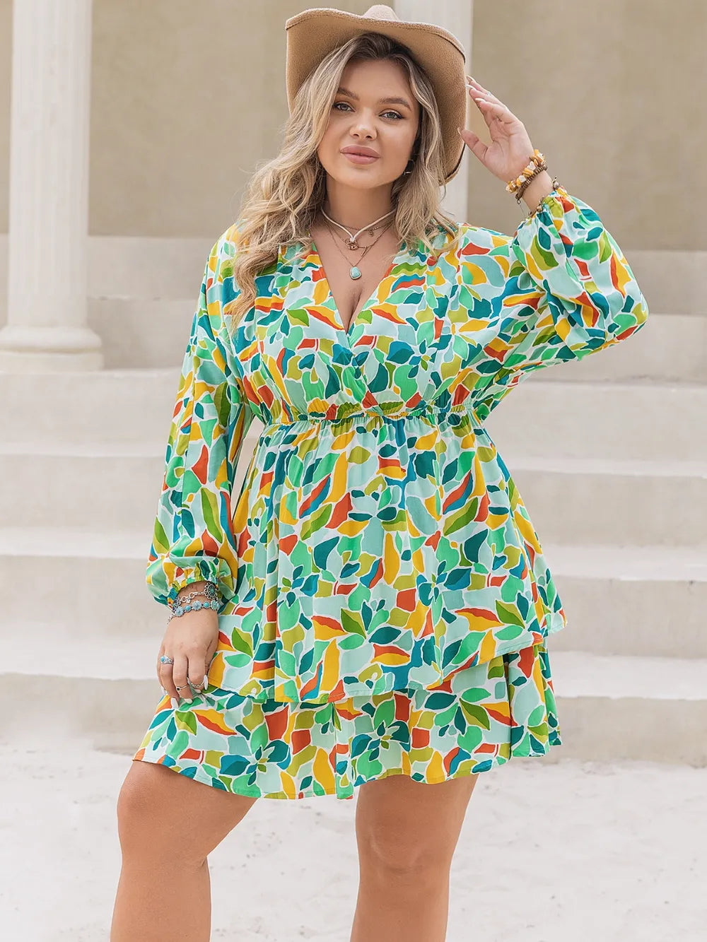 Plus Size Printed Surplice Long Sleeve Mini Dress - LoveNest Treasures