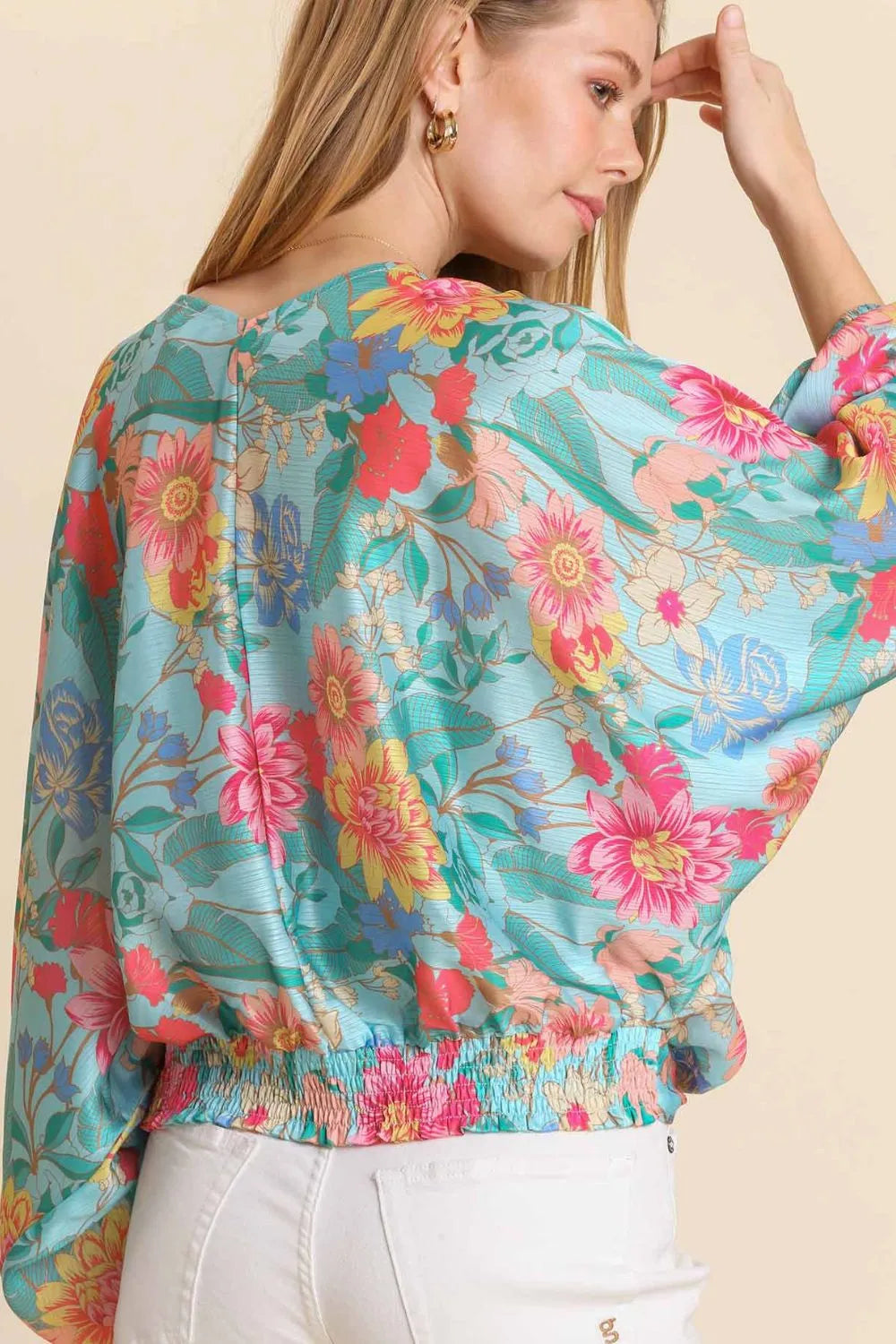 Umgee USA Full Size Floral Print Smocked Back Hem V-Neck Blouse Plus Size - LoveNest Treasures