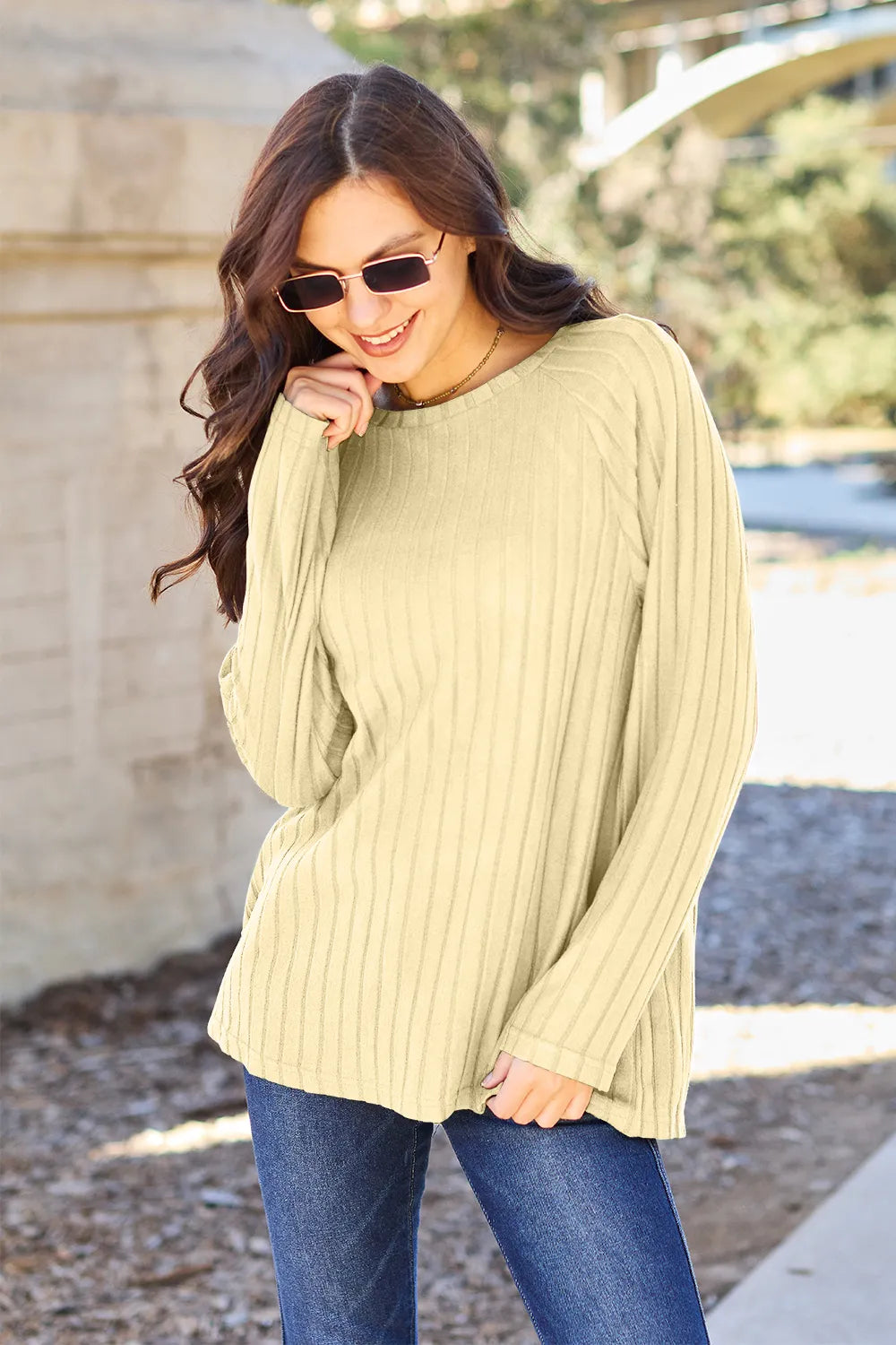 Basic Bae Full Size Ribbed Round Neck Long Sleeve Knit Top - LoveNest Treasures