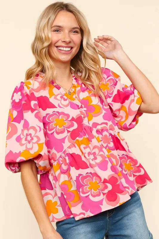 Haptics Full Size Frill Floral Puff Sleeve Blouse - LoveNest Treasures