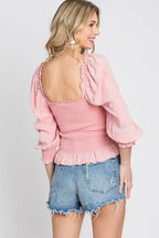GeeGee Full Size Ruffled Smocked Frill Square Neck Top Plus Size - LoveNest Treasures