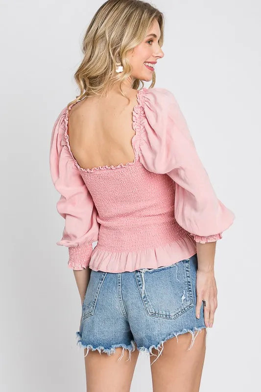GeeGee Full Size Ruffled Smocked Frill Square Neck Top Plus Size - LoveNest Treasures