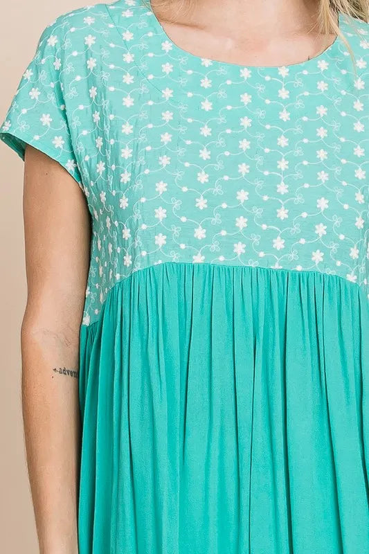 Lime 'N' Chili Full Size Embroidered Short Sleeve Pleated Babydoll Top Plus Size - LoveNest Treasures