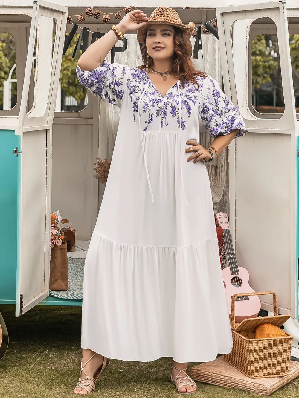 Plus Size Printed Tie Neck Half Sleeve Maxi Dress - LoveNest Treasures