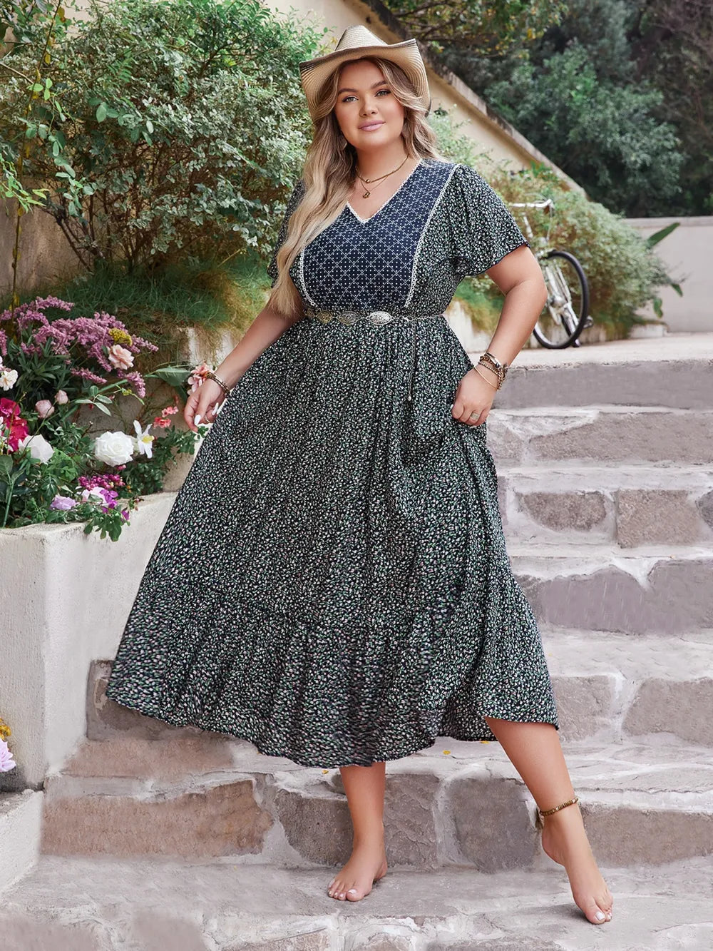 Plus Size Printed V-Neck Flutter Sleeve Midi Dress - LoveNest Treasures