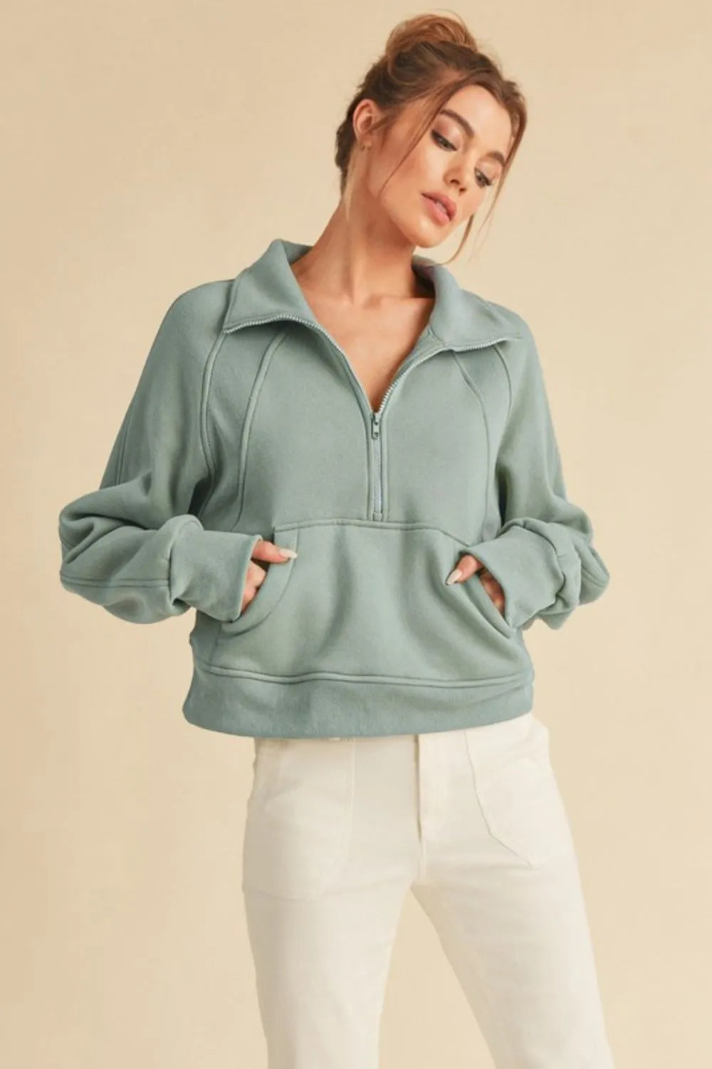 Aemi + Co Half Zip Raglan Sleeve Sweatshirt with Kangaroo Pocket - LoveNest Treasures