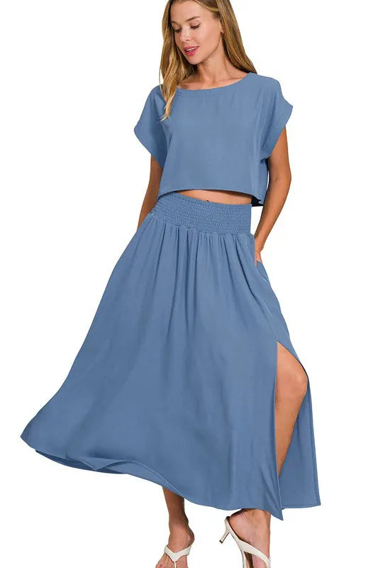 Zenana Heavy Woven Span Crop Tee & Skirt Set - LoveNest Treasures