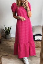 SYNZ Gingham Check Bubble Sleeve Ruffled Maxi Dress - LoveNest Treasures