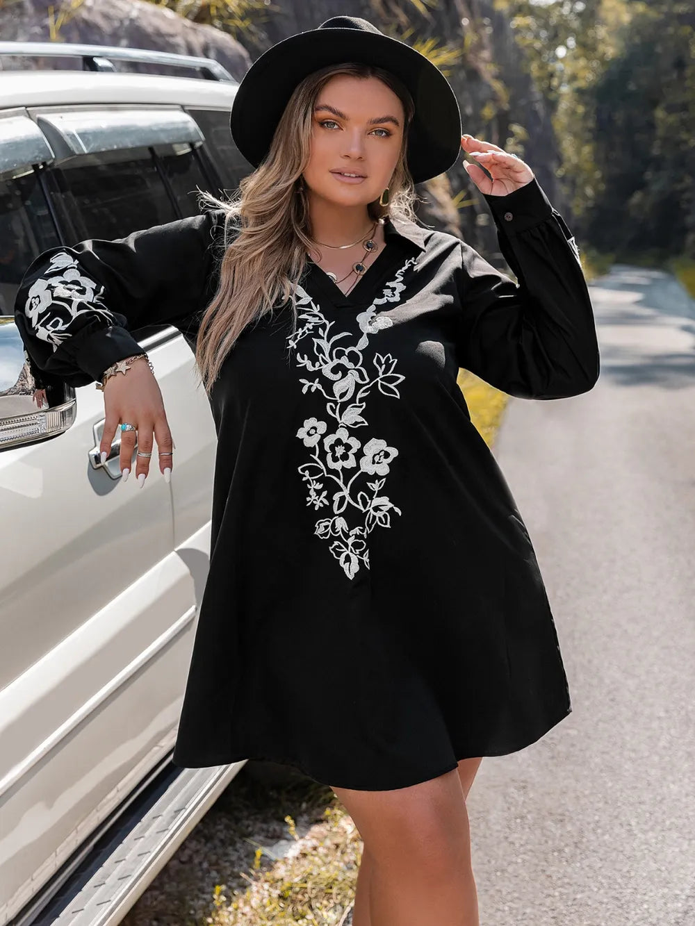 Plus Size Embroidered Long Sleeve Mini Dress - LoveNest Treasures