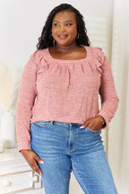 Double Take Square Neck Ruffle Shoulder Long Sleeve T-Shirt - LoveNest Treasures