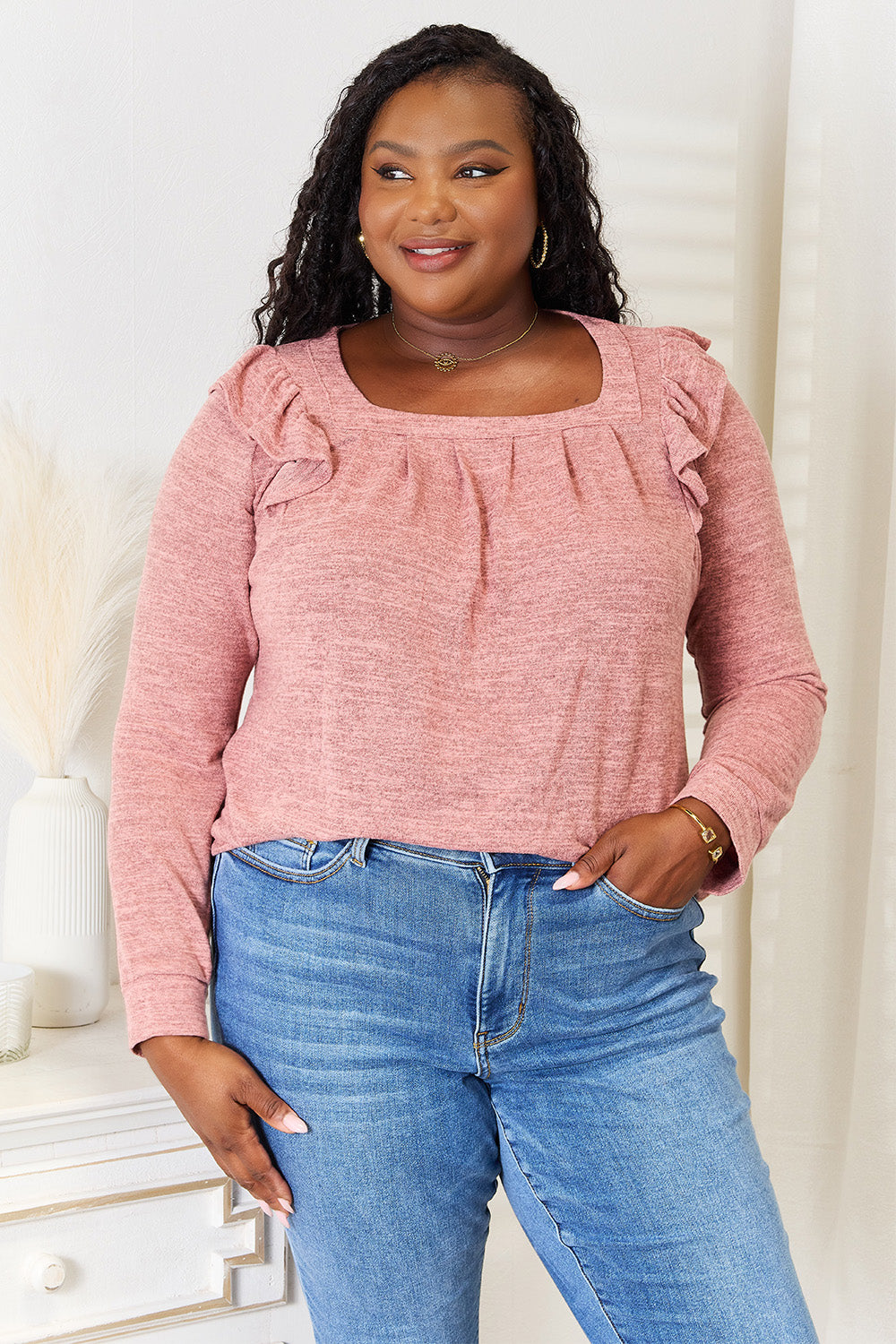 Double Take Square Neck Ruffle Shoulder Long Sleeve T-Shirt - LoveNest Treasures