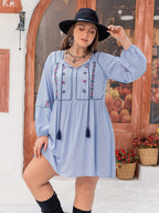 Plus Size Tie Neck Tassel Detail Long Sleeve Mini Dress - LoveNest Treasures