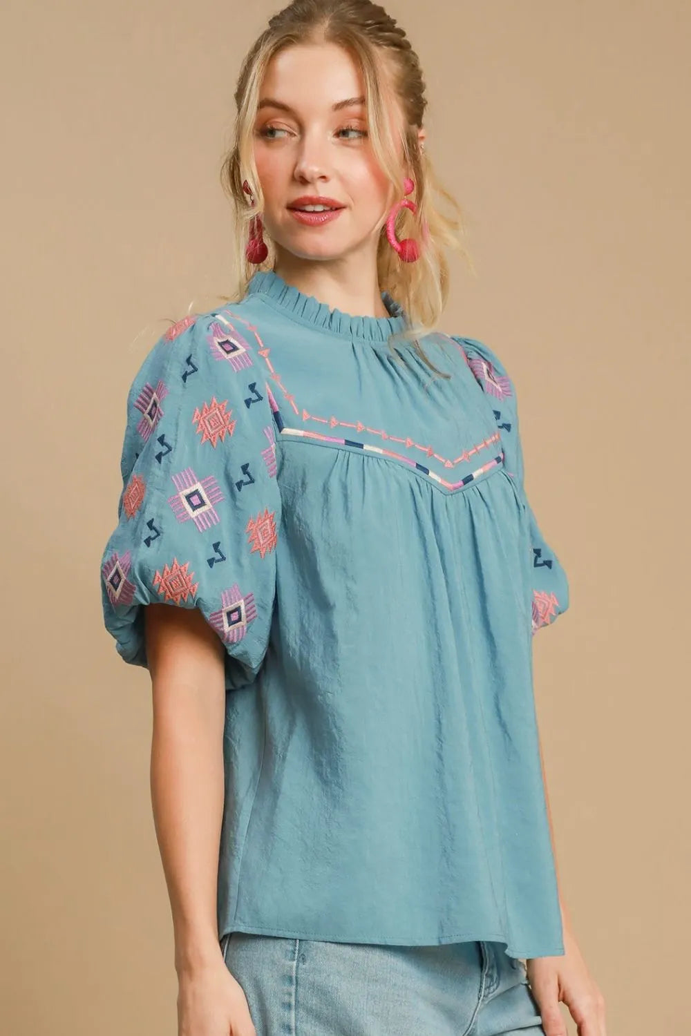 Umgee Full Size Embroidered Puff Sleeve Mock Neck Top Plus Size - LoveNest Treasures
