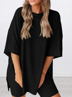 Full Size Oversized Slit Round Neck Top and Shorts Lounge Set Plus Size - LoveNest Treasures
