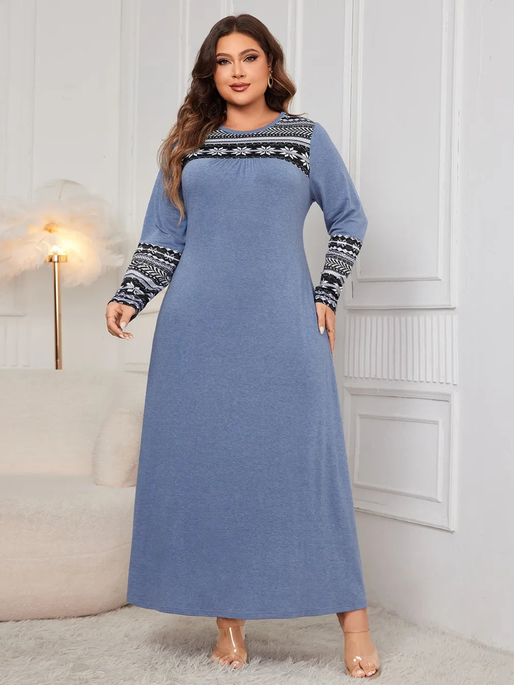 Honey Plus Size Printed Round Neck Long Sleeve Dress - LoveNest Treasures