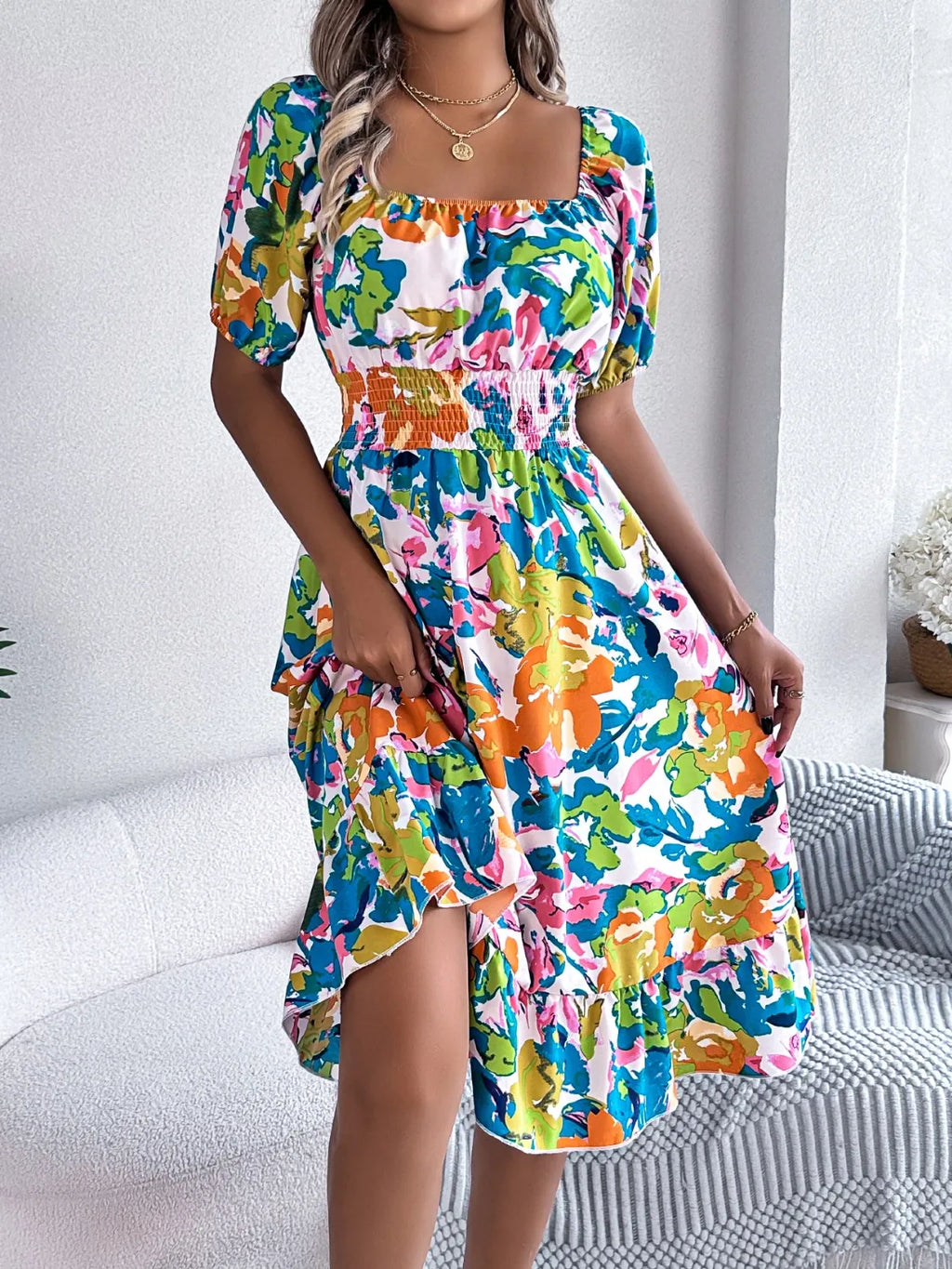 Ruffled Hem Smocked Floral Short Sleeve Midi Dress - LoveNest Treasures