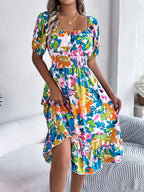 Ruffled Hem Smocked Floral Short Sleeve Midi Dress - LoveNest Treasures