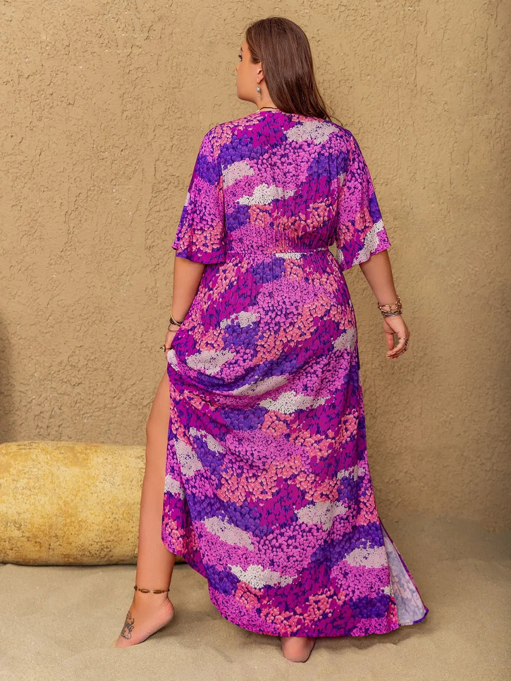 Plus Size Slit Printed Half Sleeve Maxi Dress - LoveNest Treasures
