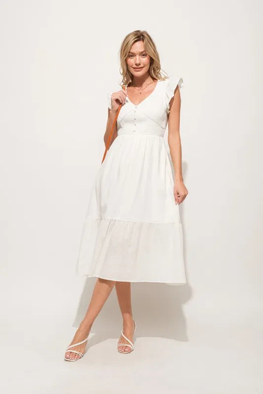 And The Why Ruffle Sleeve Front Smocked Tiered Midi Dress - LoveNest Treasures