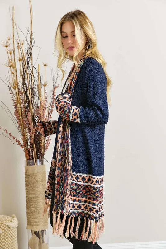 ADORA Full Size Fringe Hem Aztec Border Cardigan Plus Size - LoveNest Treasures