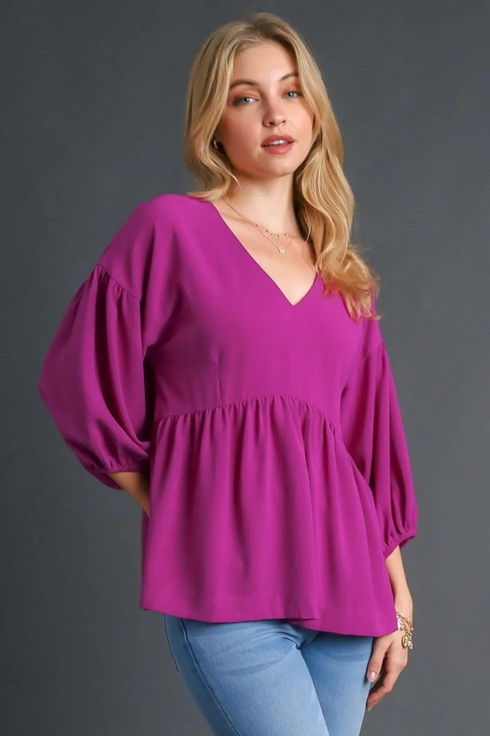 Umgee Full Size V-Neck Puffed 3/4 Sleeve Babydoll Blouse Plus Size - LoveNest Treasures