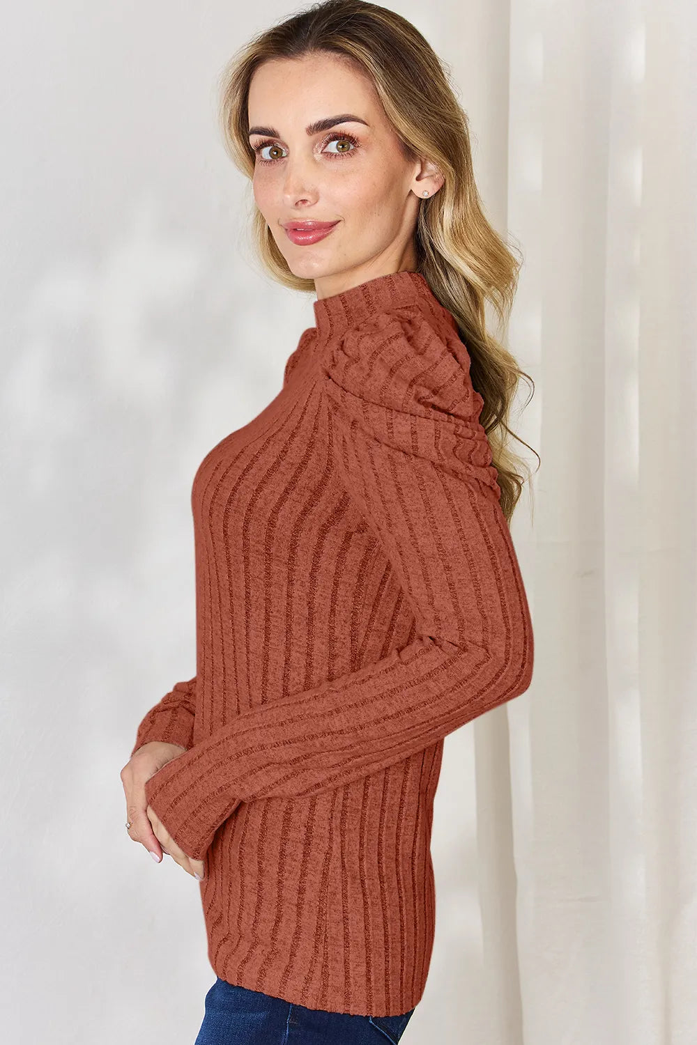 Basic Bae Full Size Ribbed Mock Neck Puff Sleeve T-Shirt - LoveNest Treasures