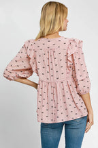 Umgee Full Size Ruffled Bow Print Tie Neck Peplum Blouse Plus Size - LoveNest Treasures