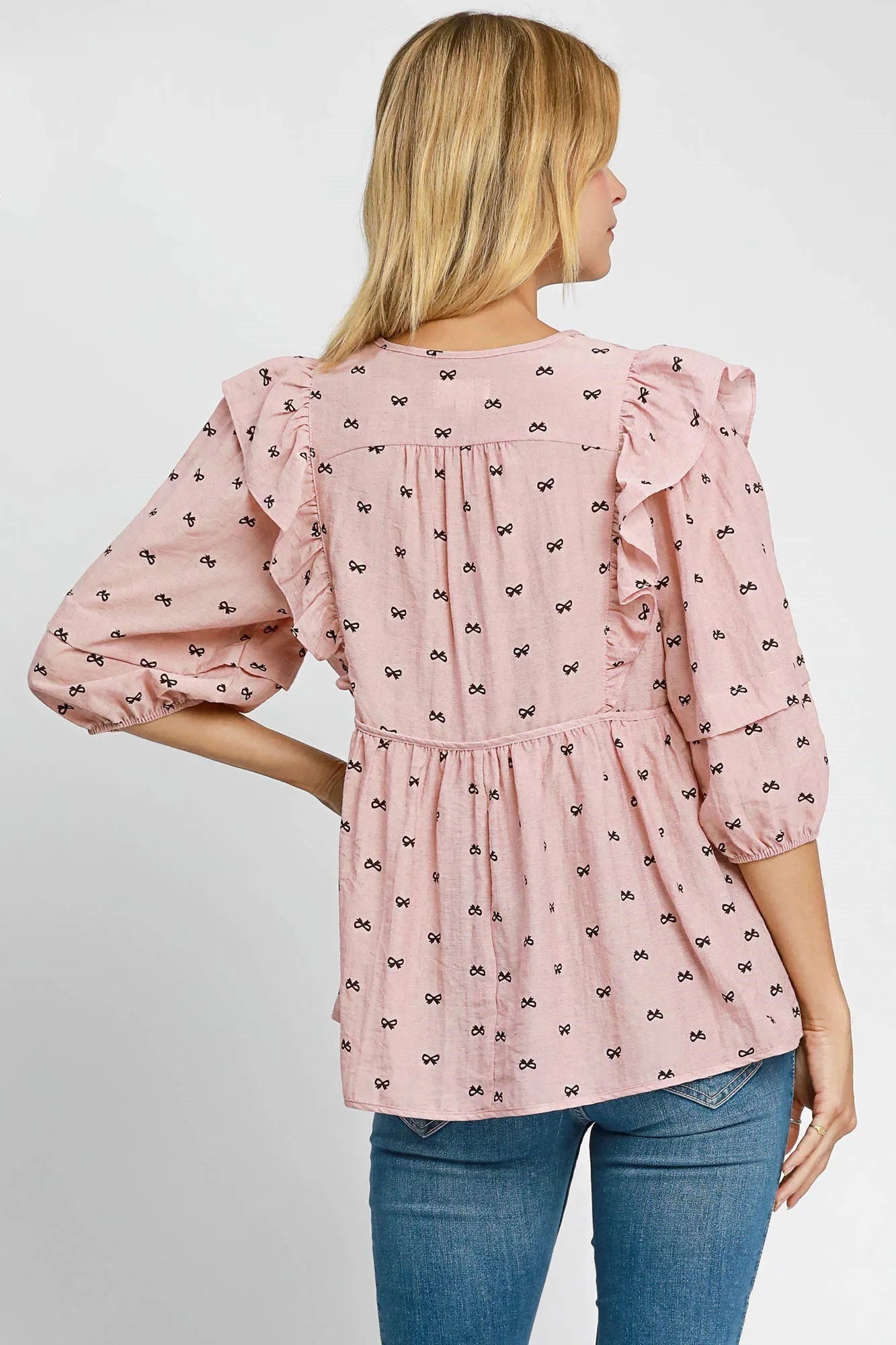 Umgee Full Size Ruffled Bow Print Tie Neck Peplum Blouse Plus Size - LoveNest Treasures